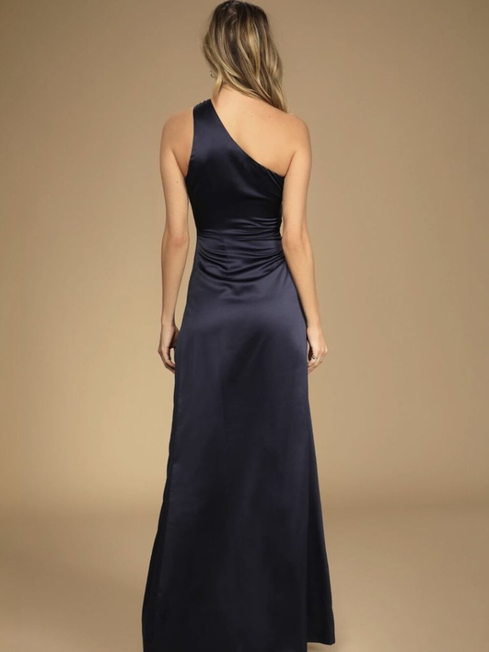 Lulus Dreaming of Elegance Navy Blue Satin One-Shoulder Maxi Dress NWT - Picture 3 of 9